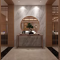 Elegant Chinese Restaurant Interior Featuring Wooden Screens Marble Walls Round Mirror And Green Plants