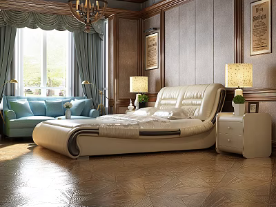 Modern Luxury Bedroom with Double Bed Blue Sofa Chandelier Wooden Floor and Nightstand 3d model