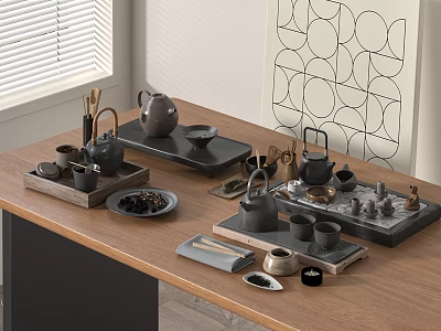 Modern Minimalist Tea Set Display With Teapots Cups Trays On Wooden Table And Wall Art 3d model