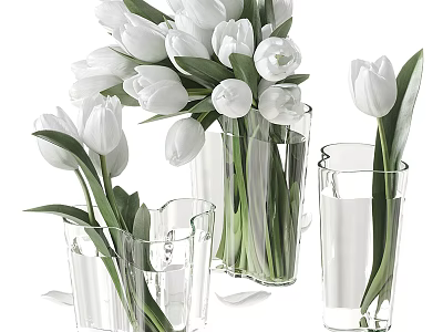 Elegant White Tulips in Transparent Glass Vases for Floral Decorative 3d model