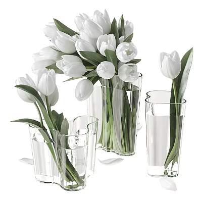 Elegant White Tulips in Transparent Glass Vases for Floral Decorative 3d model