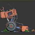 Three Colorful Robots With Various Sizes Wheels And Green Tools On Reflective Floor