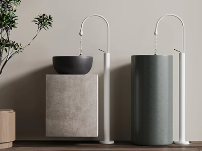 Black Bowl And Dark Green Cylindrical Washbasins With White Tall Faucets On Concrete Stands 3d model