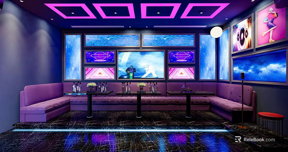 Modern KTV Interior Design With Purple Lighting Large Screens And Comfortable Sofas 3d model