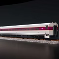 Sleek Modern Passenger Train Exterior With White Body Purple Stripes And Windows On Railway Track