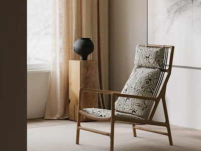 Stylish Accent Chair With Wooden Frame And Patterned Cushion In Minimalist Interior With Linen Curtains 3d model