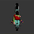 Turquoise Motorcycle With Red Haired Character In Green Jacket And Colorful Shoes