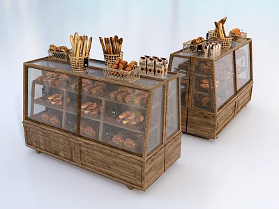 Wooden Display Shelves with Glass Doors Holding Bread Baskets and Pastries 3d model