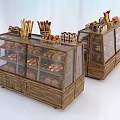 Wooden Display Shelves with Glass Doors Holding Bread Baskets and Pastries