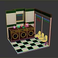 Vintage Laundry Shop Interior Design With Washing Machines Green Chairs Potted Plants And Checkerboard Floor