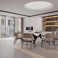 Modern Living and Dining Room Design With Wooden Wall Round Ceiling Light Dining Table Sofa
