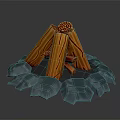 Campfire Scene Composition With Wooden Logs Burning Flames And Blue Stones Base