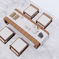 Minimalist Wooden Tea Table and Chairs with Tea Cups Tray and Coasters