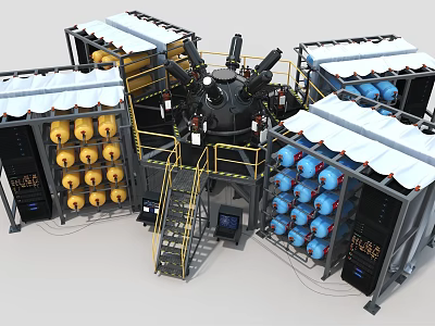 Industrial Equipment Setup With Blue And Yellow Cylinders Metal Framework Staircase And Control Panel 3d model