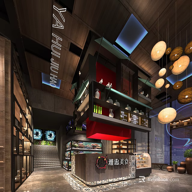Ya Hui Restaurant Modern Industrial Interior With Hanging Pendant Lights Wooden Staircase And Display Shelves 3d model 