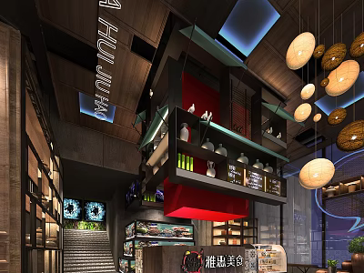 Ya Hui Restaurant Modern Industrial Interior With Hanging Pendant Lights Wooden Staircase And Display Shelves 3d model