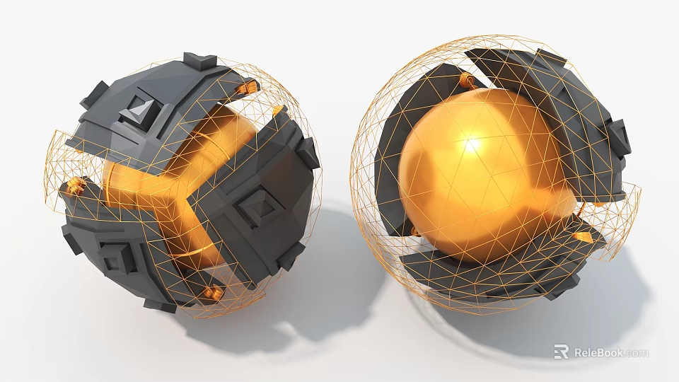 Modern Spherical Art Installation With Black Geometric Frame Golden Interior And Wireframe Design 3d model 