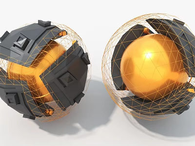 Modern Spherical Art Installation With Black Geometric Frame Golden Interior And Wireframe Design 3d model