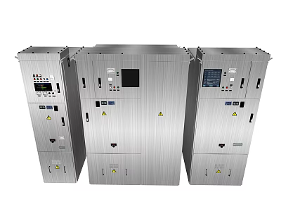 Modern Silver Computer Control Cabinets With Three Units And Digital Display Panels 3d model