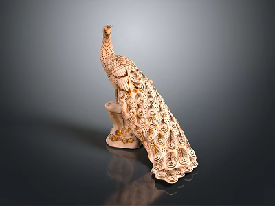 Beige Peacock Sculpture With Gold Accents And Spread Tail Feathers On Base 3d model