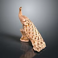 Beige Peacock Sculpture With Gold Accents And Spread Tail Feathers On Base