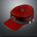 Red Formal Hat With Circular Top Gray Edging And Metallic Buckles