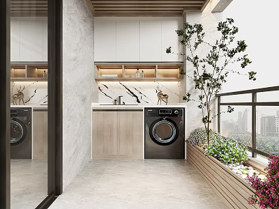 Modern Home Balcony Laundry Space With Washing Machine White Cabinets Plants City View 3d model