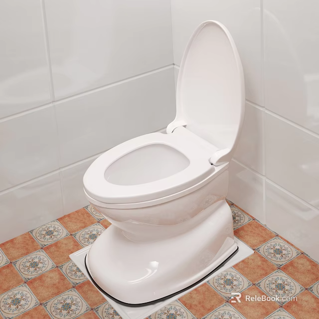 White Toilet with Open Lid in Bathroom with White Tiled Walls and Patterned Floor Tiles 3d model 