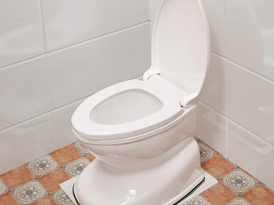 White Toilet with Open Lid in Bathroom with White Tiled Walls and Patterned Floor Tiles 3d model