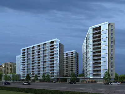 Modern High Rise Residential Buildings With Glass Curtain Walls Balconies And Greenery 3d model