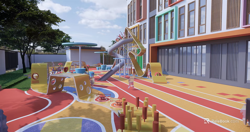 Kids Playground With Colorful Floor Slide Climbing Frame Dice Shaped Structures And Trees 3d model 