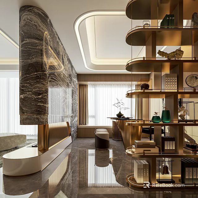 Luxurious Modern Study Room Interior With Marble Wall Gold Accents And Multi tiered Bookshelves 3d model 