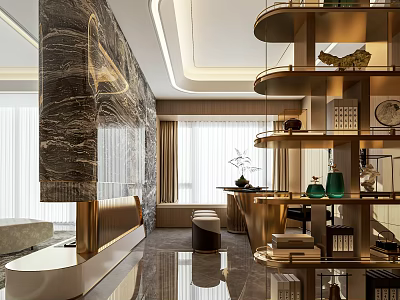 Luxurious Modern Study Room Interior With Marble Wall Gold Accents And Multi tiered Bookshelves 3d model