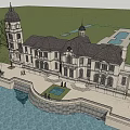Elegant European-style Architecture with Domed Roof Water Reflection and Stone Platform