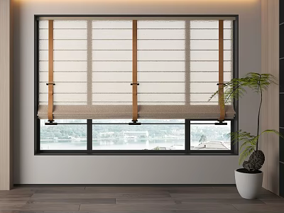 Modern Minimalist Interior With Beige Fabric Roman Blinds And Wooden Ties By Window 3d model