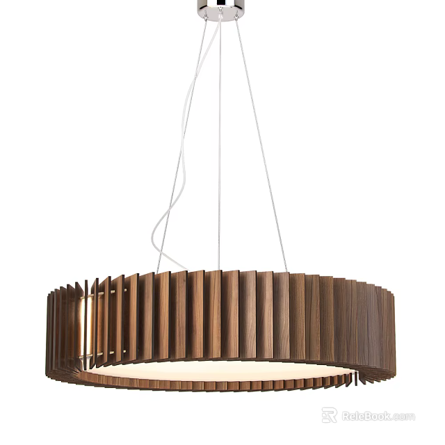 Elegant Modern Circular Wooden Chandelier with Vertical Slats and White Hanging Cords 3d model 