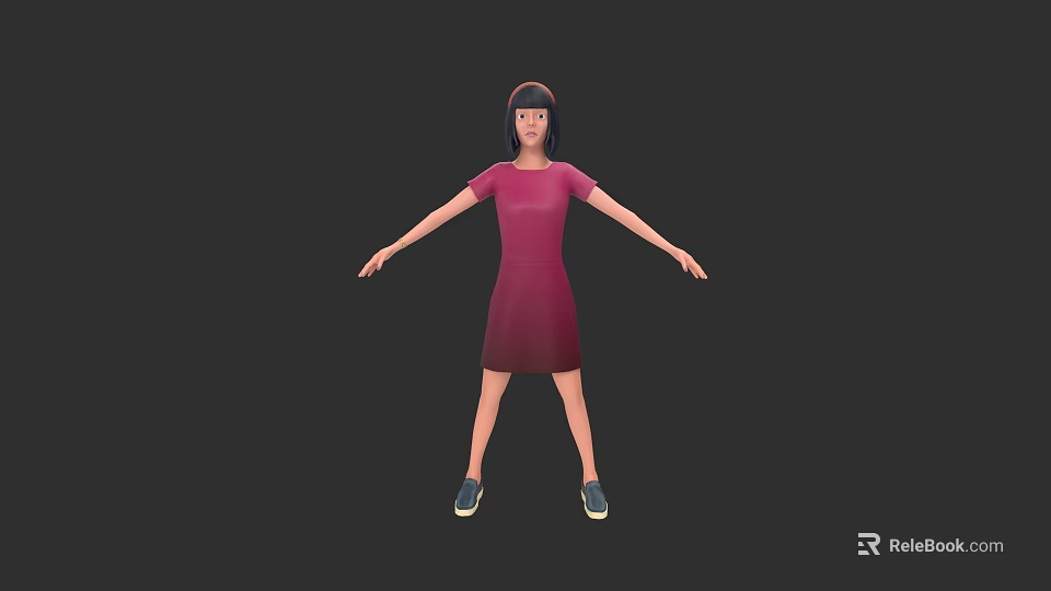Woman in Red Dress with Short Black Hair and Blue Shoes Arms Outstretched 3d model 