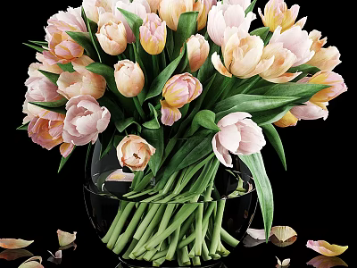 Glass Vase with Pink and White Tulips and Scattered Petals and Green Stems 3d model