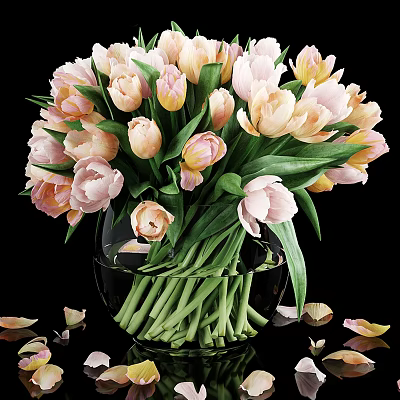 Glass Vase with Pink and White Tulips and Scattered Petals and Green Stems 3d model
