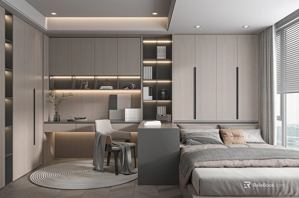 Minimalist Tatami Bedroom Design With Storage Cabinets Desk Round Rug And Natural Light 3d model 