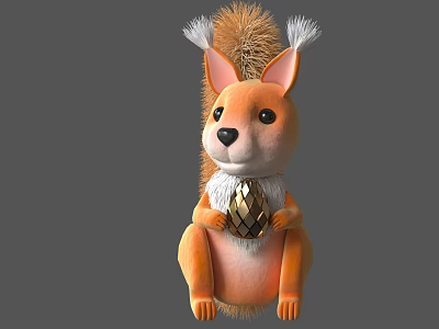 Cartoon Orange Lizard With White Ear Tips Holding Golden Diamond Patterned Egg On Grey Background 3d model