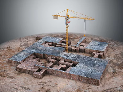 Construction Crane Working At Building Site With Brick Foundation Structure 3d model