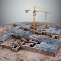 Construction Crane Working At Building Site With Brick Foundation Structure 3d model