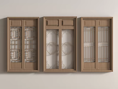 Traditional Chinese Style Wooden Doors And Windows With Intricate Grilles Design 3d model