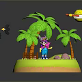 Palm Trees on Small Green Island with Cartoon Character Black Birds and Rocket Decoration