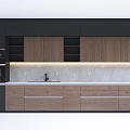 Black And Wooden Kitchen Cabinets With Drawers Open Shelves Countertop Faucet LED Lighting And Oven