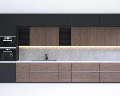 Black And Wooden Kitchen Cabinets With Drawers Open Shelves Countertop Faucet LED Lighting And Oven 3d model