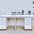 Laboratory Workbench Setup with White Cabinets Sink Bottles Green Plant and Hanging Lamp