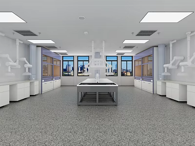Spacious Laboratory Interior Featuring Central Lab Bench Fume Hoods Cabinets And Windows 3d model