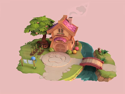 Cute Cartoon Scene With Small House Pink Roof Big Tree Stream Small Bridge And Garden 3d model